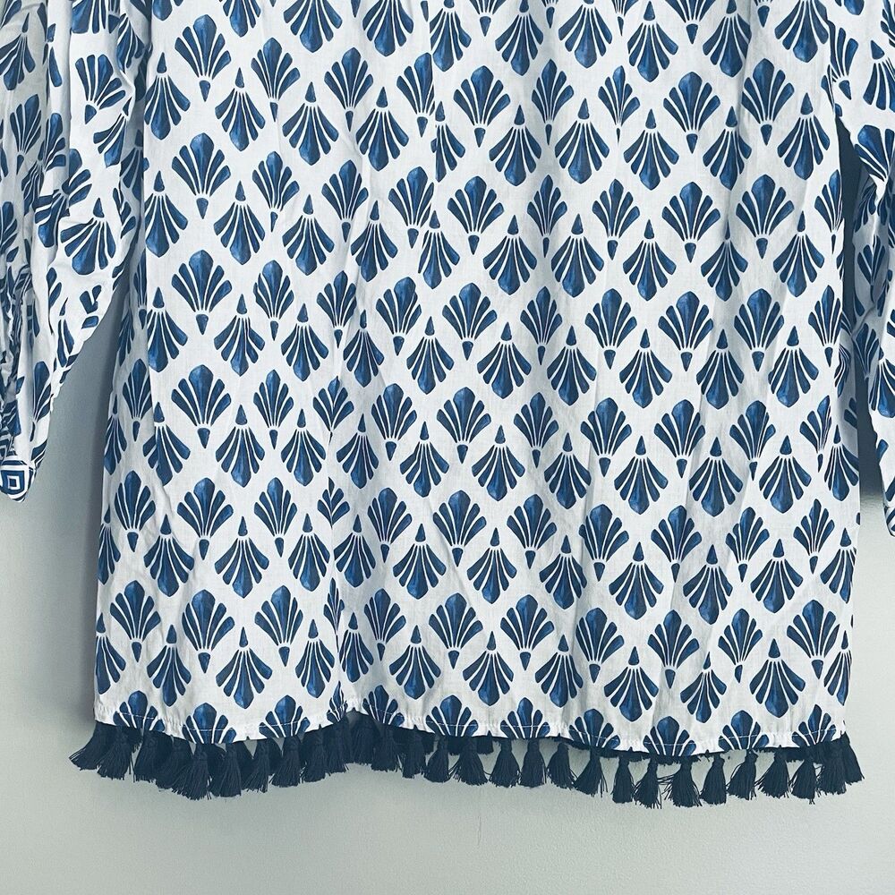 Talbots Tasseled Hem Tunic Women's Size L Blue White Cotton Coastal Beach Resort